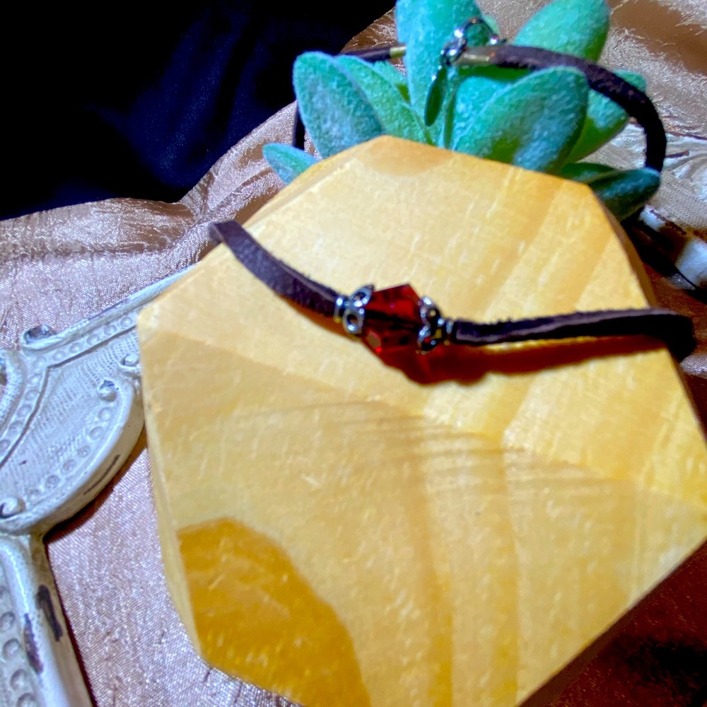 15” Brown Leather Ruby Swarovski Crystal